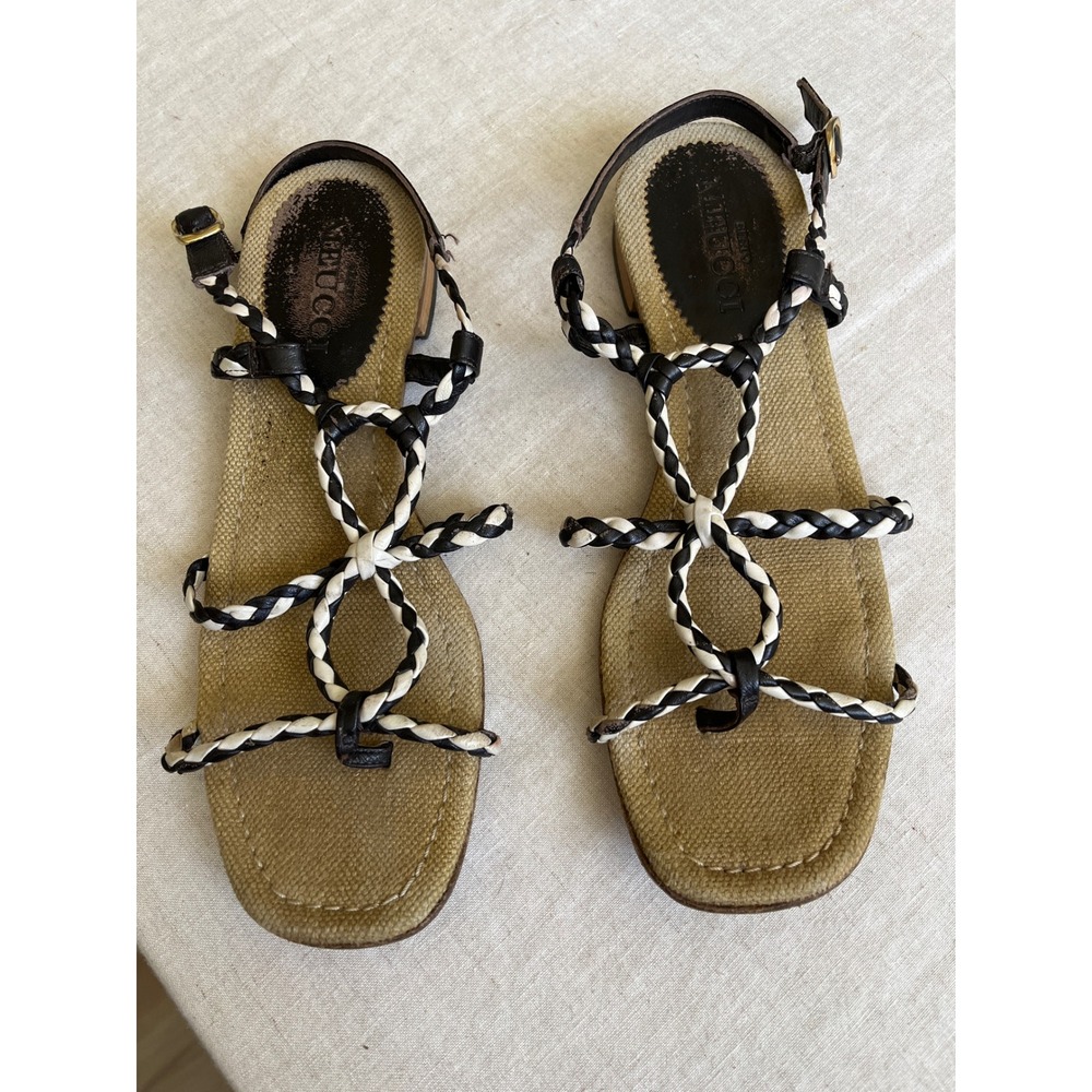 Sesto Meucci Black White Braided Leather Flat Sandals Made in Italy Size 7M